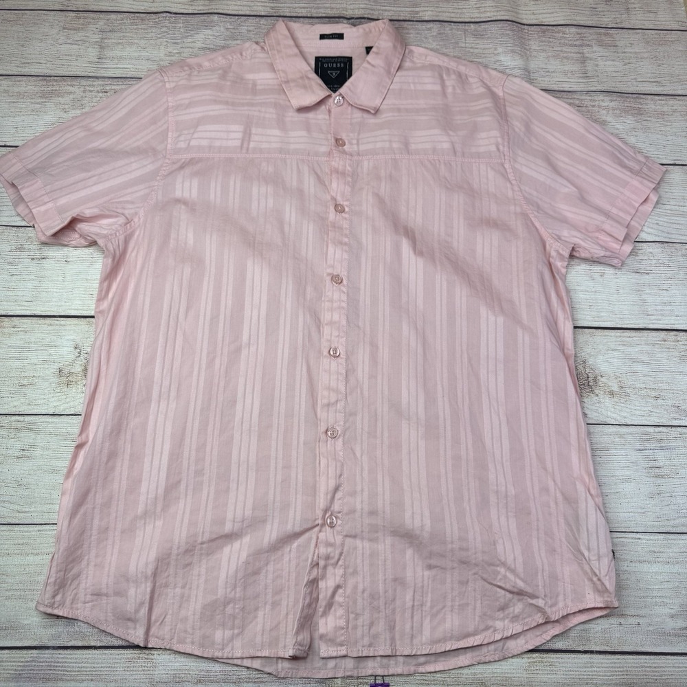 Guess Pink Short Sleeve Button Shirt‎ XL Slim Fit Striped Cotton Casual Top